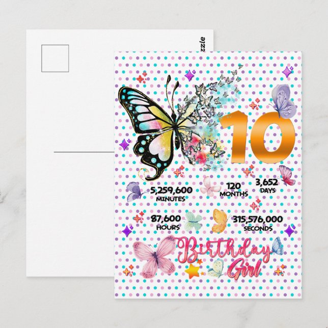 Carte Postale Papillons Double Chiffres 10 ans Papillons  (Devant / Derrière)
