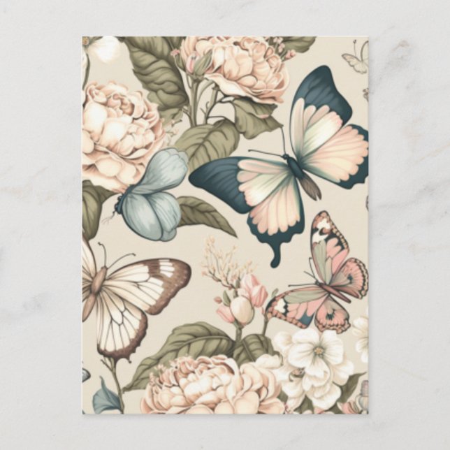 Carte Postale Papillons et fleurs pastel (Devant)