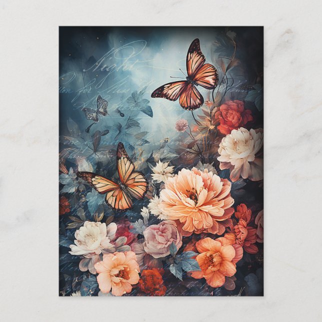 Carte Postale Papillons et fleurs vintages (Devant)