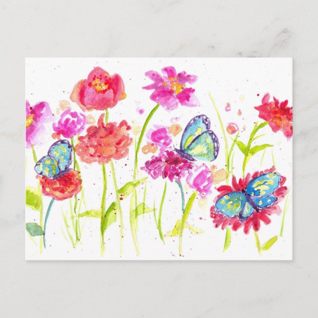Carte Postale Papillons Fleurs sauvages d'aquarelle rose (Devant)