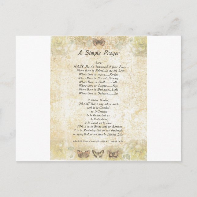 Carte Postale papillons=pape francis=st. francis SIMPLE PRAYER (Devant)