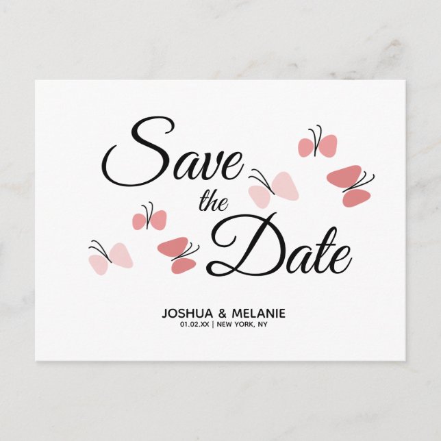 Carte Postale Papillons roses romantiques pour annonces de date  (Devant)