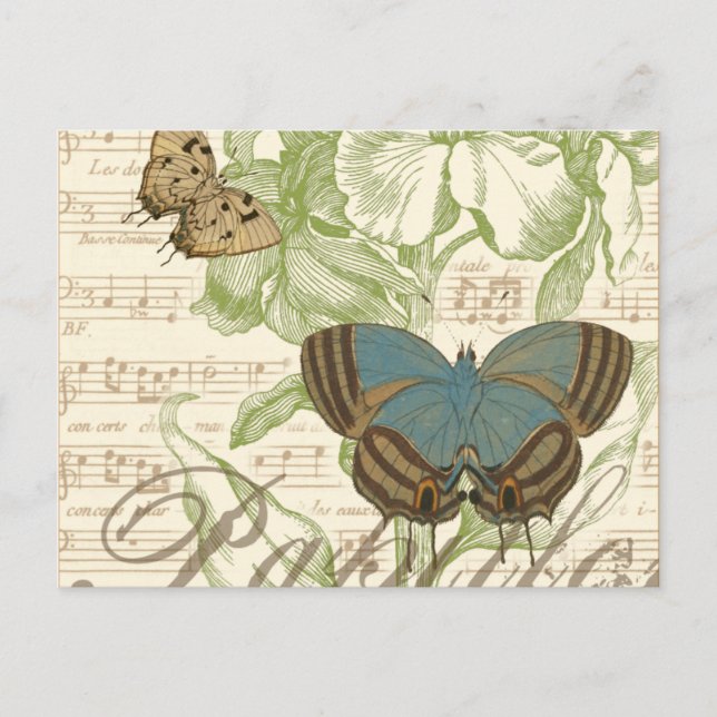 Carte Postale Papillons sur Partition avec Design Floral (Devant)