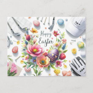 Carte Postale Pâques de golf avec équipement de golf avec fleur