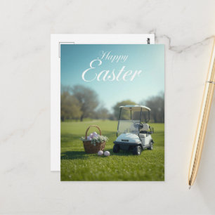 Carte Postale Pâques de golf avec voiturette de golf sur terrain