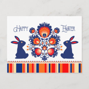Carte Postale Pâques Folklore avec 2 lapins bleus 🐰 Texte perso