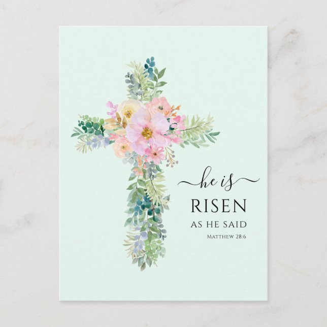 Carte Postale Pâques Il est Risen Verdure Aquarelle Croix (Devant)