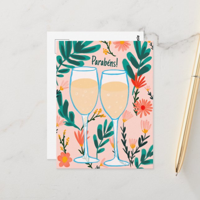 Carte Postale Parabens Vin mousseux Champagne Floral Félicitatio (Devant/Arrière en situation)