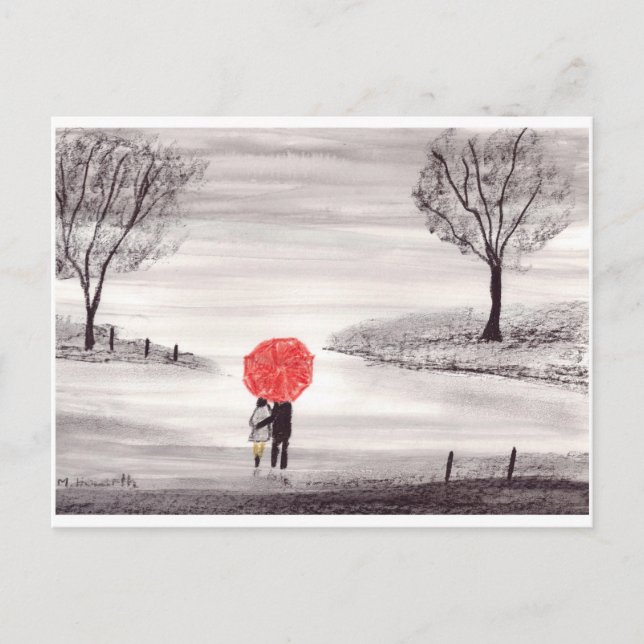 Carte Postale Parapluie rouge amour couple aquarelle mariage (Devant)