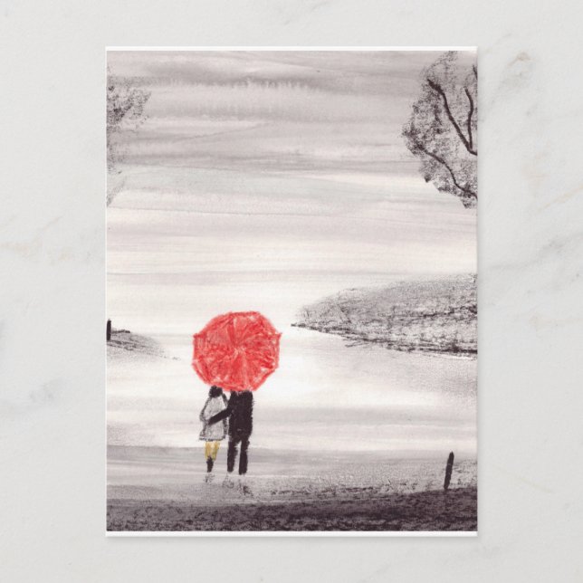 Carte Postale Parapluie rouge couple d'amoureux (Devant)