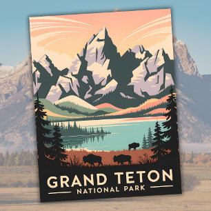 Carte Postale Parc national Pastel Retro Grand Teton avec Bison