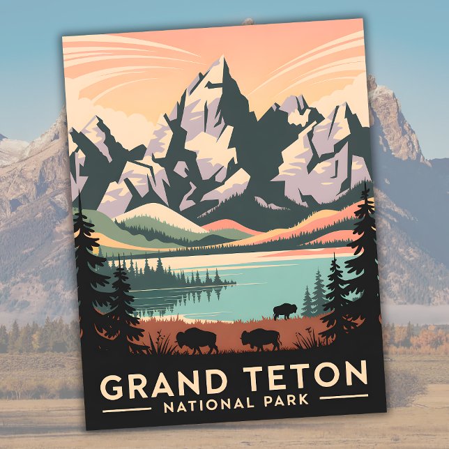 Carte Postale Parc national Pastel Retro Grand Teton avec Bison (Pastel Retro Grand Teton National Park with Bison Postcard)