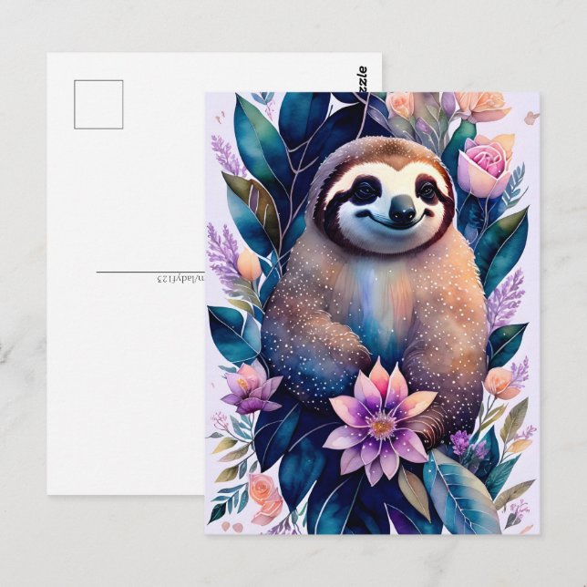 Carte Postale Paresseux aquarelle, Faune, Postcrossing (Devant / Derrière)