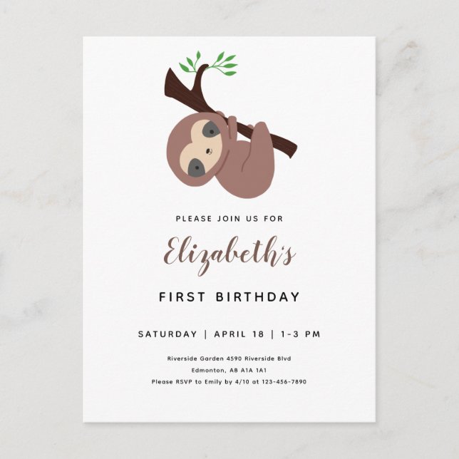 Carte Postale Paresseux Mignon Premier Anniversaire Animal Adora (Devant)