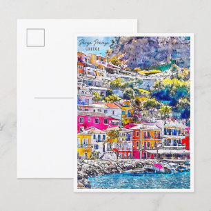 Carte Postale Parga Preveza Grèce vintage voyage aquarelle