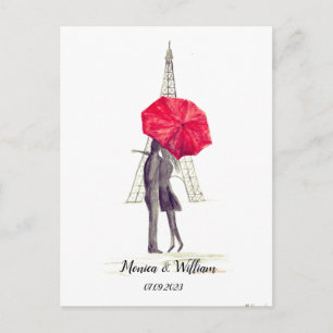 Carte Postale Paris couple Tour Eiffel Mariage parapluie rouge