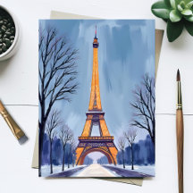 Paris Eiffel Tower Winter Snow Watercolor Painting