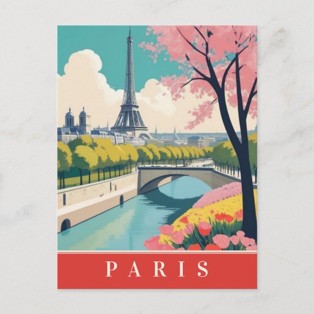 Carte Postale Paris France Tour Eiffel Retro Voyage Floral (Devant)