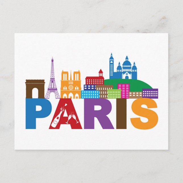 Carte Postale Paris, France | Typographie colorée (Devant)