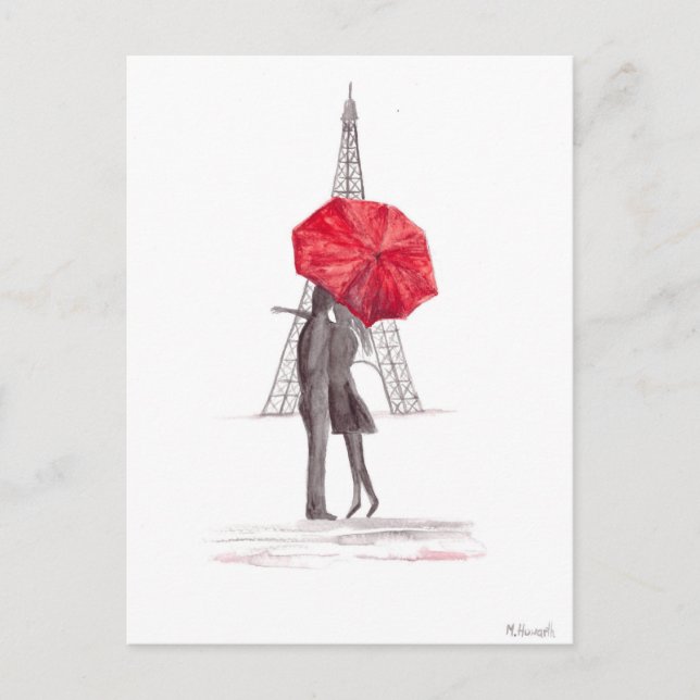 Carte Postale Paris love couple parapluie rouge aquarelle Eiffel (Devant)