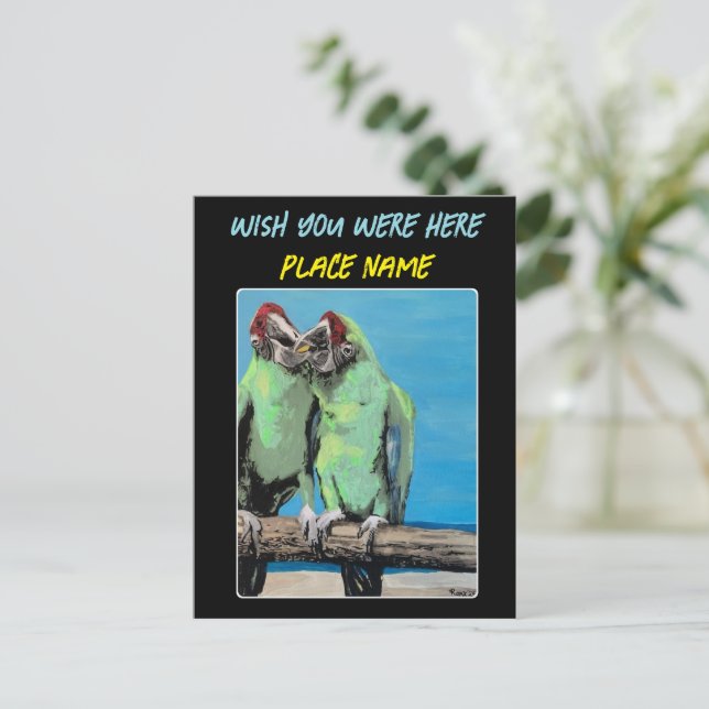 Carte Postale "Parrots de plage" Tableau sur un (Debout devant)