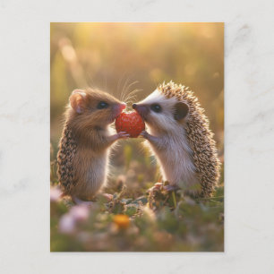 Carte Postale Partage d'une fraise - Hérisson adorable et souris