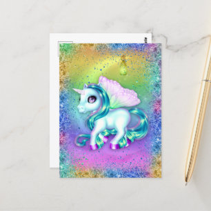 Carte Postale Parties scintillant arc-en-ciel et lune licorne