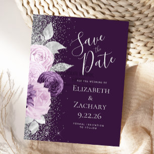 Carte Postale Parties scintillant d'argent florale violet profon