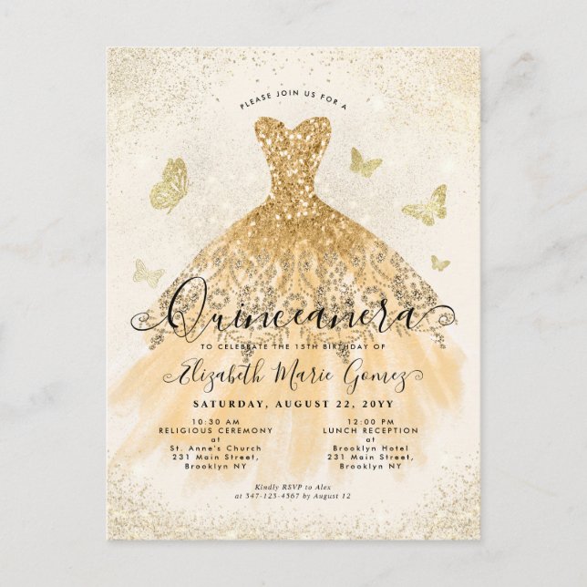 Carte Postale Parties scintillant d'or jaune clair moderne Gown  (Devant)