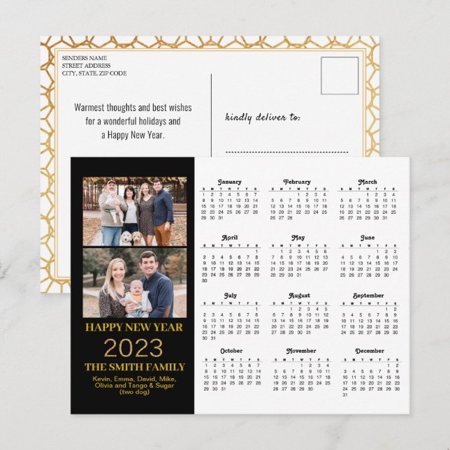 Carte Postale parties scintillant d'or moderne 2023 Script 2 Cal (Devant / Derrière)