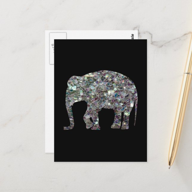 Carte Postale Parties scintillant en mosaïque argentée Eléphant (Devant/Arrière en situation)