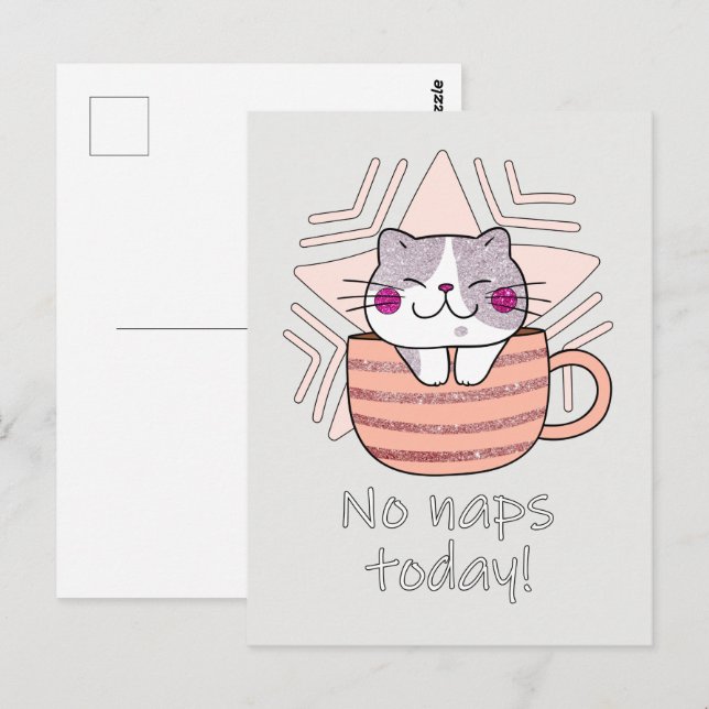 Carte Postale Parties scintillant Faux, Chat mignon en Mug de Ca (Devant / Derrière)