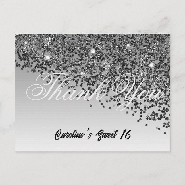 Carte Postale Parties scintillant noire, Sweet 16 Merci (Devant)