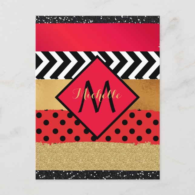 Carte Postale Parties scintillant rouge Noir Brush Stroke Monogr (Devant)
