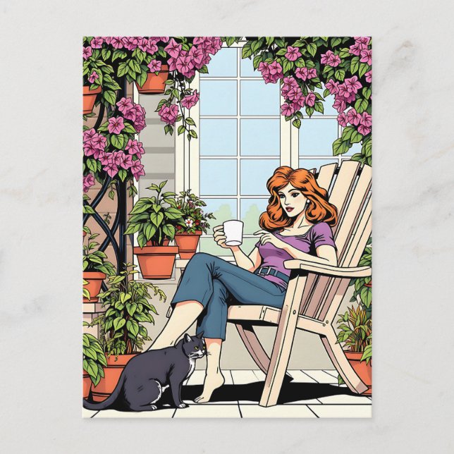 Carte Postale Passer du temps avec mon chat, café et Plantes (Devant)
