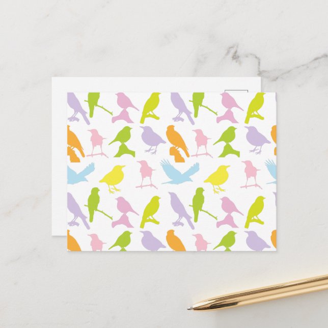 Carte Postale Pastel Coloured Variété d'oiseaux Motif (Devant/Arrière en situation)