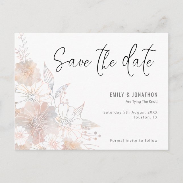 Carte Postale Pastel Floral Blush Grey Mariage Enregistrer La Da (Devant)
