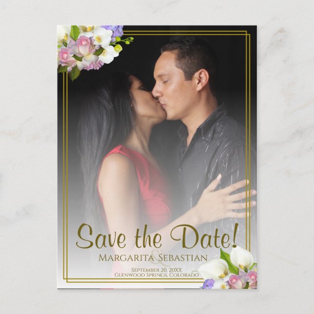 Carte Postale Pastel Floral Gold Frame Wedding Enregistrer la da (Devant)