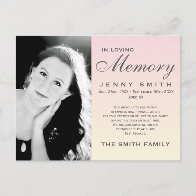 Carte Postale Pastel Pink Ombré Memorial Family Remerciements (Devant)