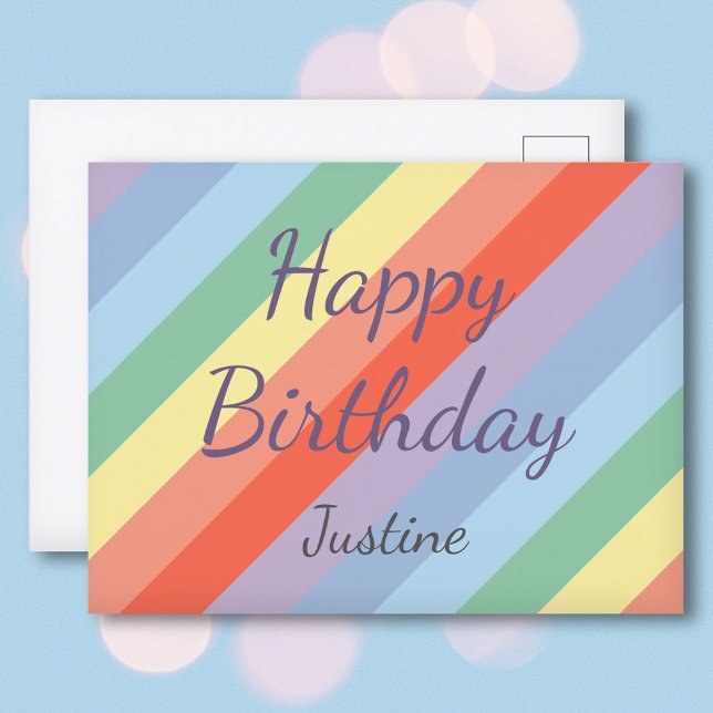 Carte Postale Pastel Rainbow Diagonal Stripes Anniversaire (Pastel Rainbow Diagonal Stripes Birthday Postcard)