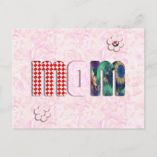 Carte Postale Patchwork "MOM" avec Arrière - plan Roses roses ro (Devant)