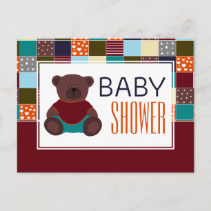 Carte Postale Patchwork Teddy Bear, Baby shower Invitation