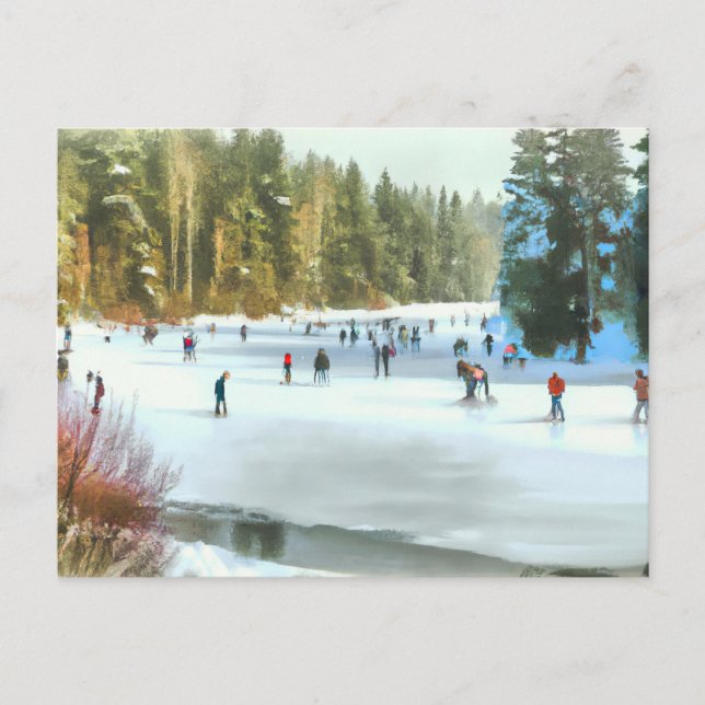 Carte Postale Patinage sur glace sur un étang Paysage hivernal (Devant)