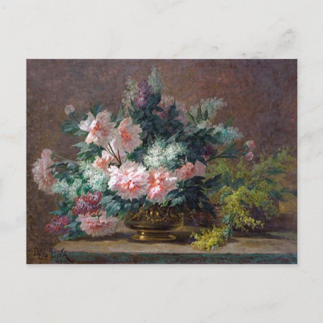 Carte Postale Paul Biva Peonies et mimosa dans un vase en cuivre (Devant)