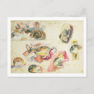 Carte Postale Paul Gauguin Study of Cats and a Head (w/c on pa