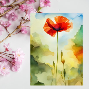 Carte Postale Pavot, prairie, aquarelle, fleur