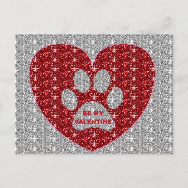 Carte postale Paw Heart Red Silver Be My Valentine (Devant)