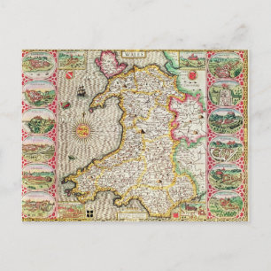 Carte Postale Pays de Galles, gravée par Jodocus Hondius