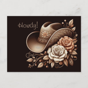 Carte Postale Pays Western Cowgirl Casquette avec fleurs