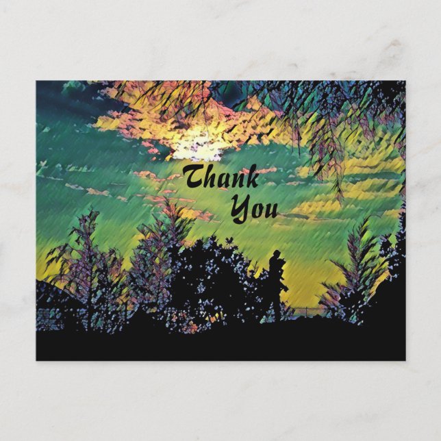 Carte Postale Paysage Arbres Lever de Soleil Aurore Chaude Merci (Devant)